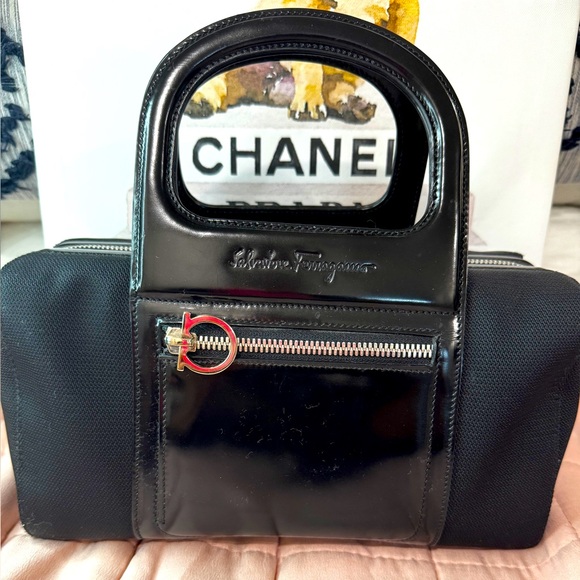 Salvatore Ferragamo Handbags - Vintage Salvatore Ferragamo Black Nylon & Patent Leather Mini Bag